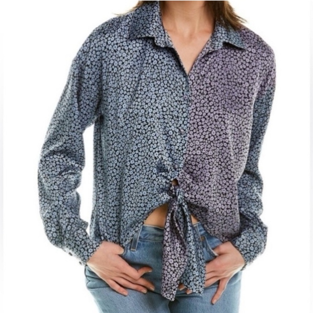 Women's Blue Floral Tie-Front Button-Up Top